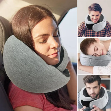 Travellers resting with a memory foam neck pillow