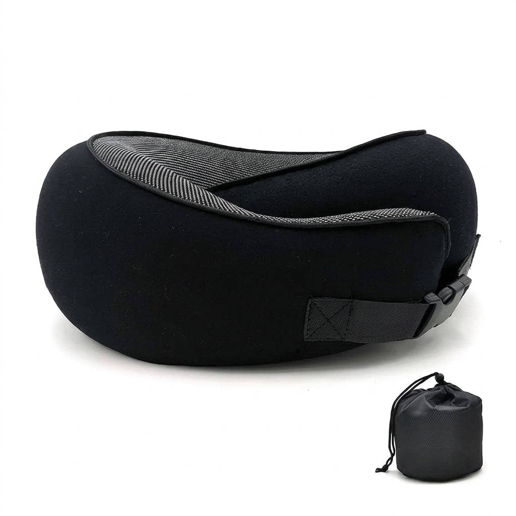 Black memory foam travel neck pillow with clip buckle and storage bag