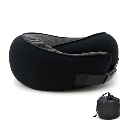 Black memory foam travel neck pillow with clip buckle and storage bag