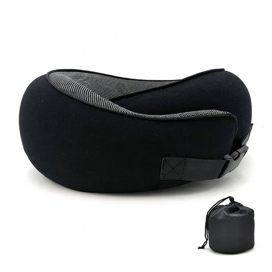 Black memory foam travel neck pillow with clip buckle and storage bag