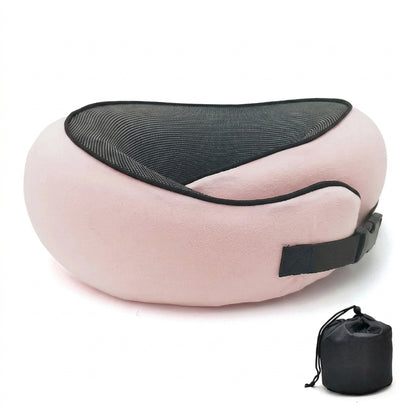 Pink memory foam travel neck pillow with clip buckle