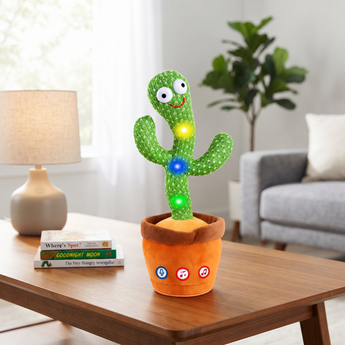 Dancing Talking Cactus plush toy on a living room table