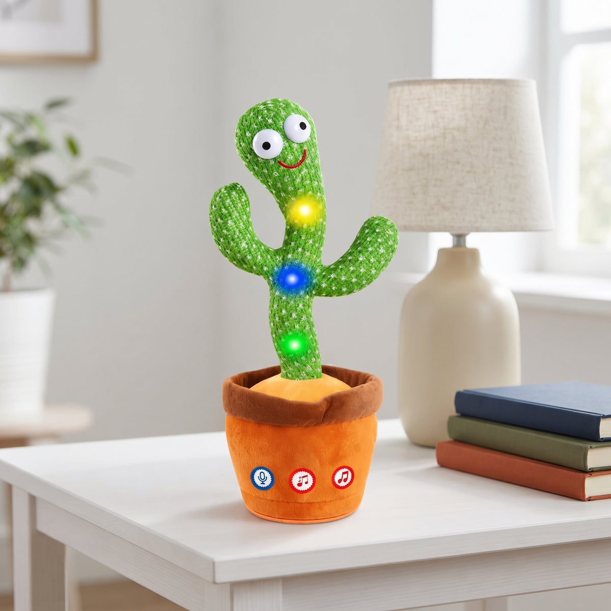Dancing Talking Cactus plush shown on a table for size reference