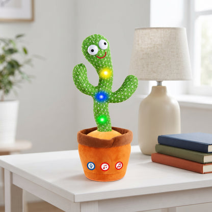 Dancing Talking Cactus plush shown on a table for size reference