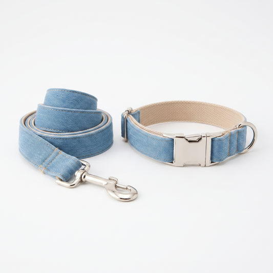 Blue Denim Dog Collar & Leash Set – XS to XL