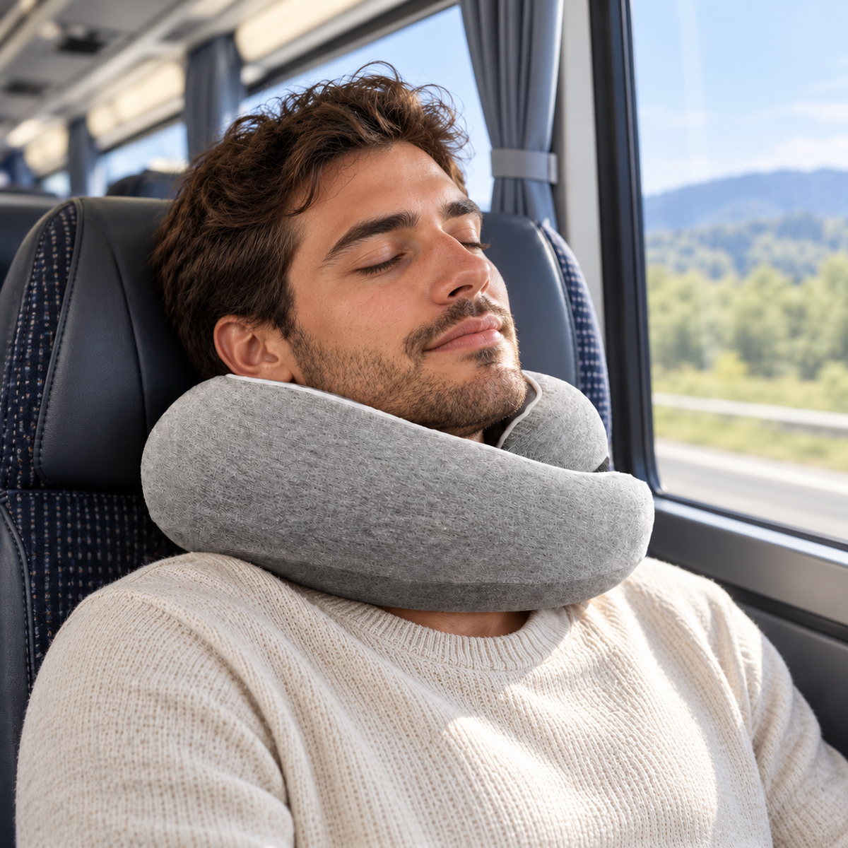Relaxed traveller wearing a grey memory foam neck pillow