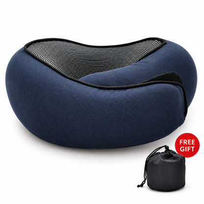 Navy blue travel neck pillow with storage bag