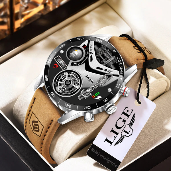 LIGE rugged smartwatch with leather strap in gift box