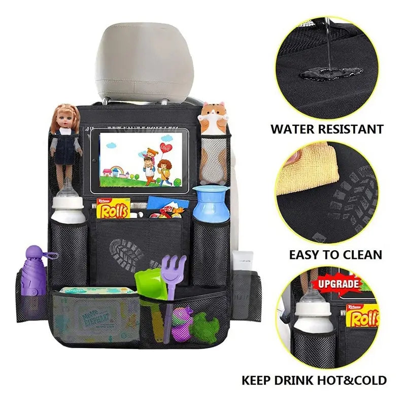Car Backseat Organizer with Touch Screen Tablet Holder & Storage Pockets
