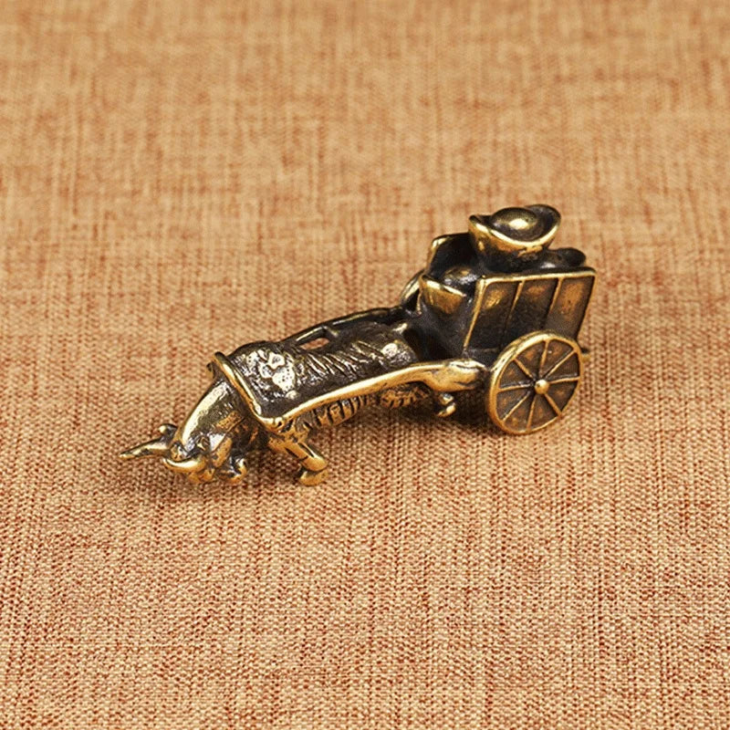 Vintage Copper Bull Cart Figurine – 6.5cm Feng Shui Desk Ornament