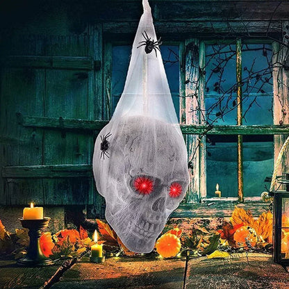 Sound-Activated Luminous Skull & Spider Web – Halloween Hanging Prop