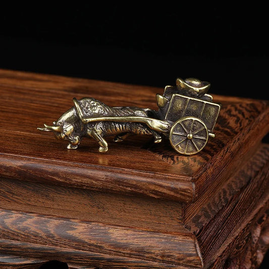 Vintage Copper Bull Cart Figurine – 6.5cm Feng Shui Desk Ornament
