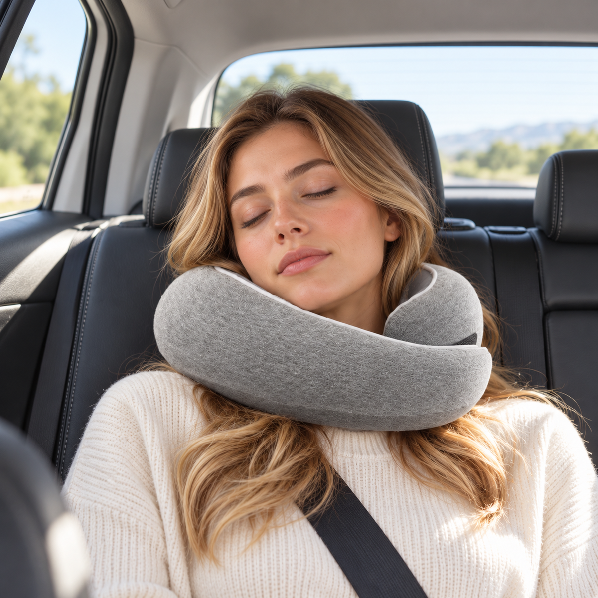 Sleeping traveller supported by a grey neck pillow