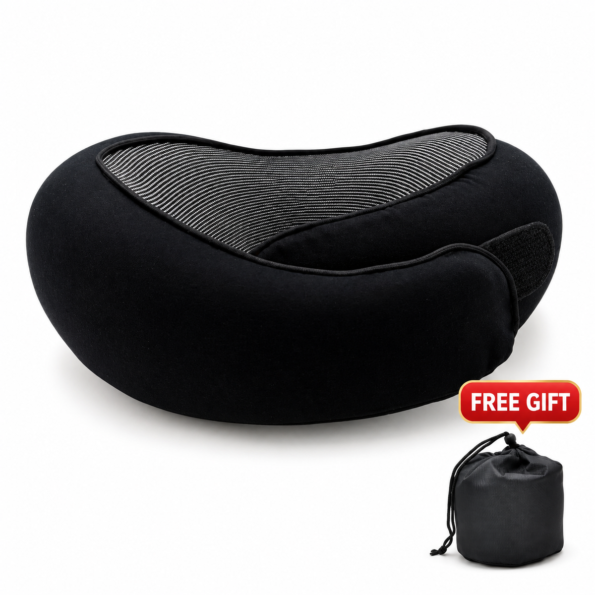 Black memory foam travel neck pillow with Velcro strap and storage bag