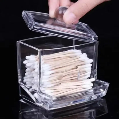 Organizador de hisopos de algodón y maquillaje de acrílico transparente - Caja de almacenamiento para baño